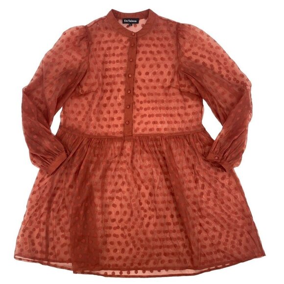 EN SAISON SIZE M EMBROIDERED DOT LONG SLEEVE BABYDOLL MINIDRESS IN RUST - Picture 2 of 11